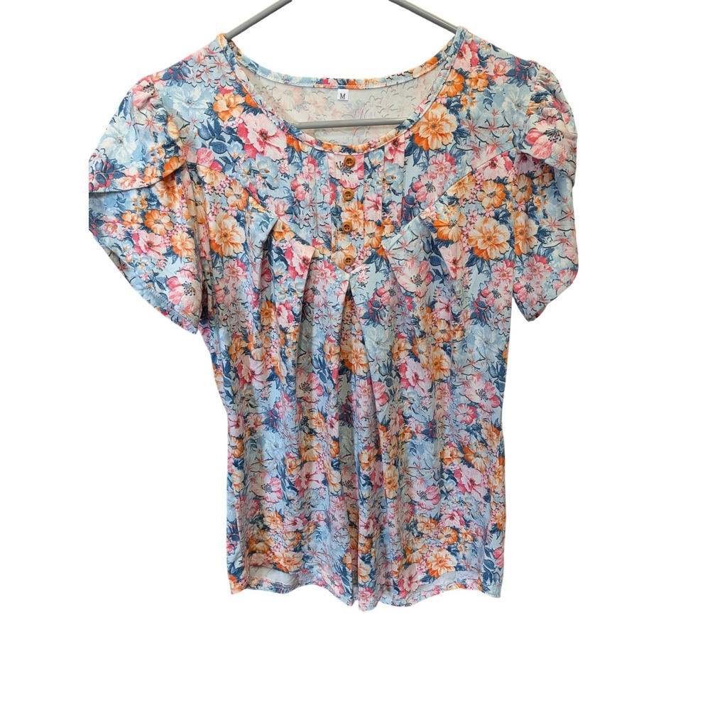 Womens Multicolor Floral Long Sleeve Crew‎ Neck Casual Top Size Medium